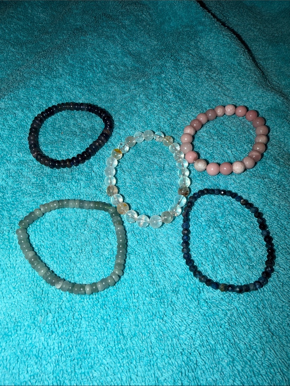 Set of 5 Beaded Stretch Bracelets - Pink, Clear, Green, Navy, Black